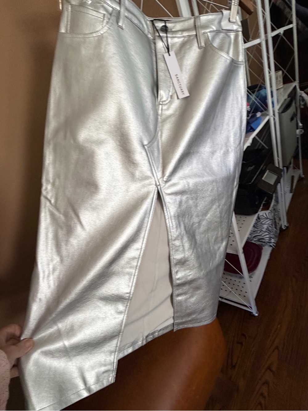 Sanctuary Silver Metallic Pencil Skirt with Front Slit, NWT, 29